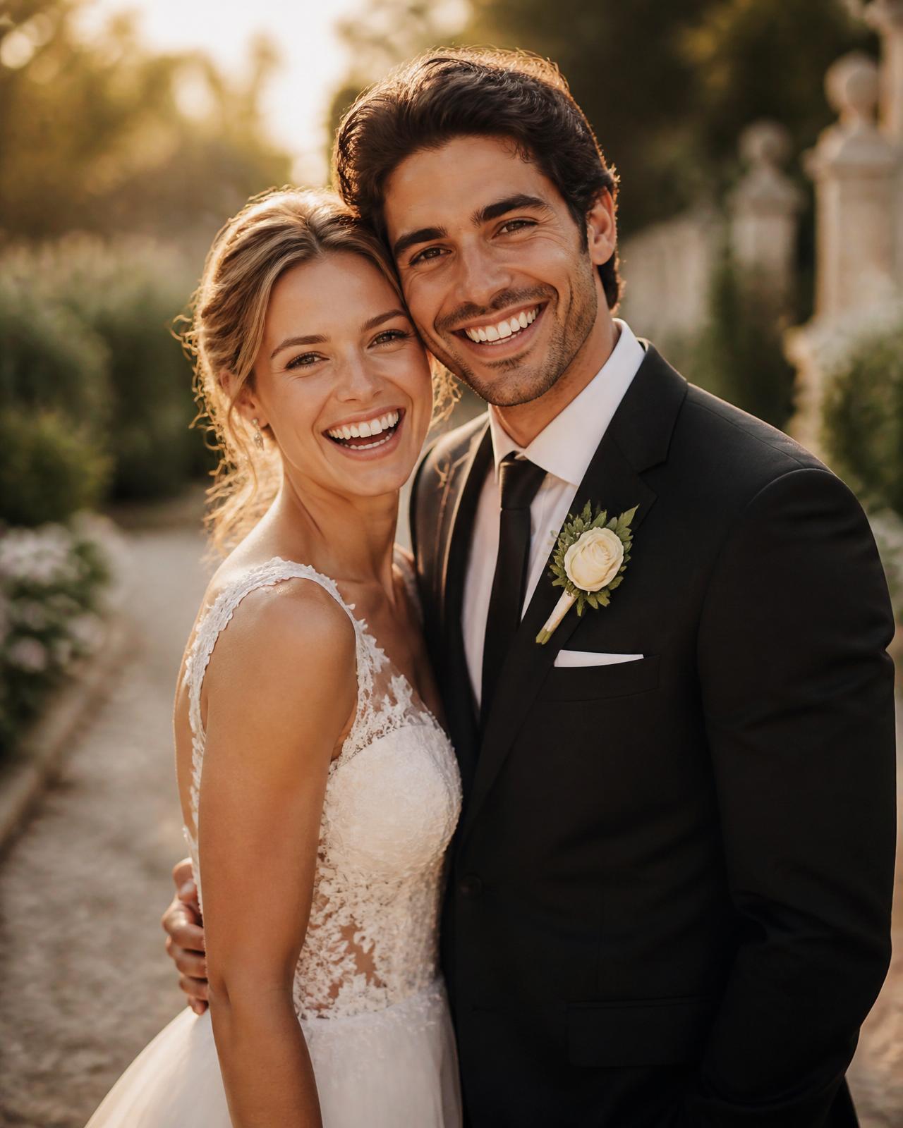 Happy smiling bride laughing with her groom at golden hour