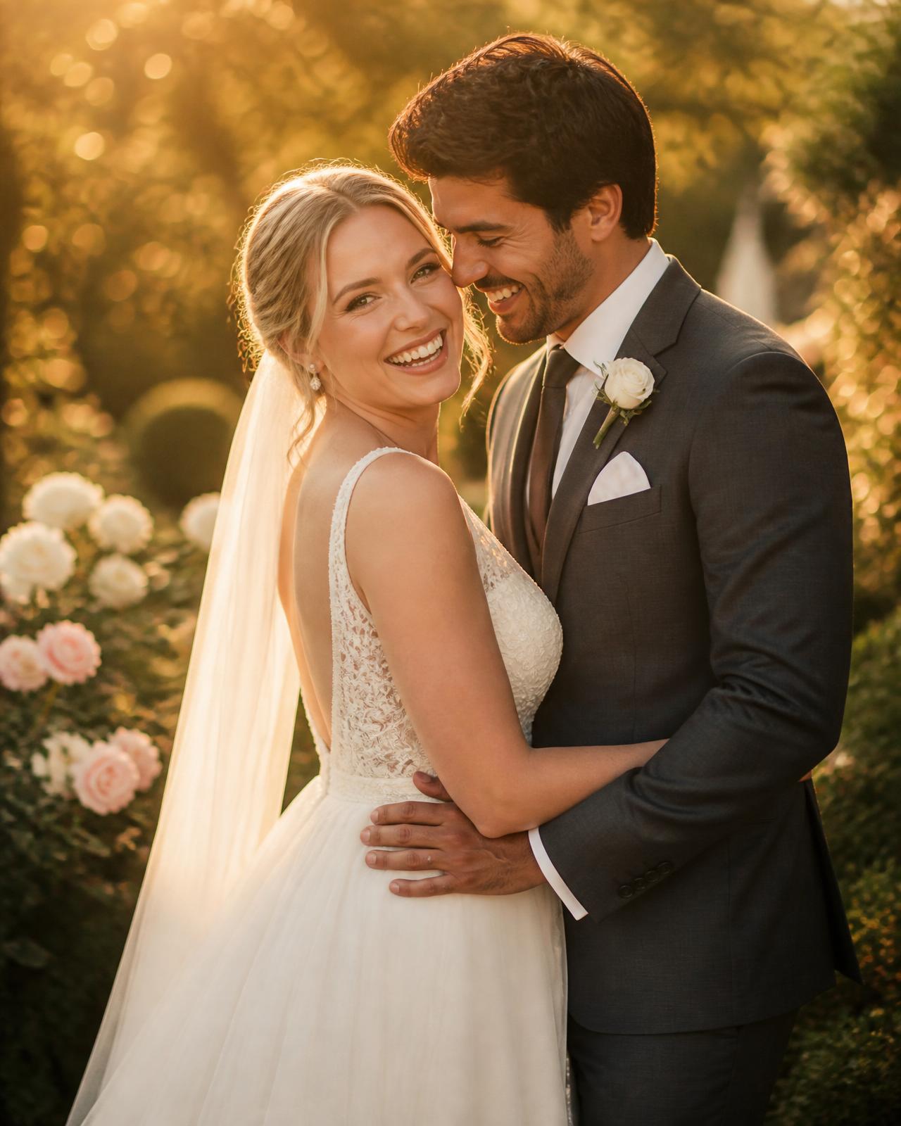 Happy smiling bride of the month with her husband